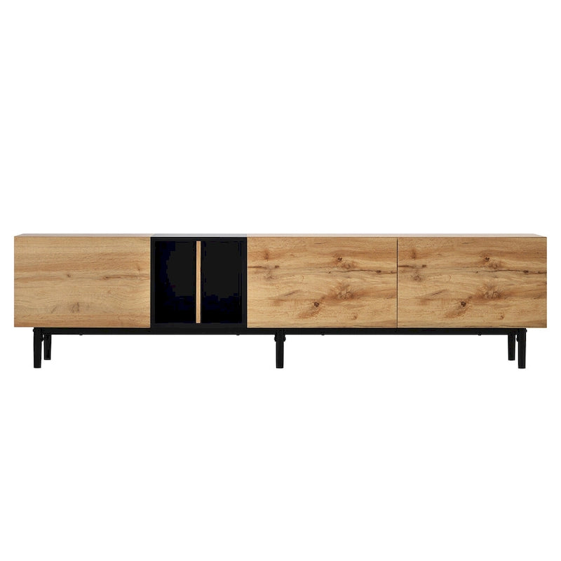 Meuble TV moderne de 76 po avec portes abattantes, blanc/bois naturel, convient aux téléviseurs jusqu'à 80 po
