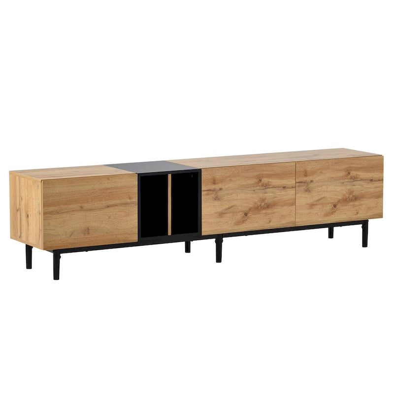 Meuble TV moderne de 76 po avec portes abattantes, blanc/bois naturel, convient aux téléviseurs jusqu'à 80 po