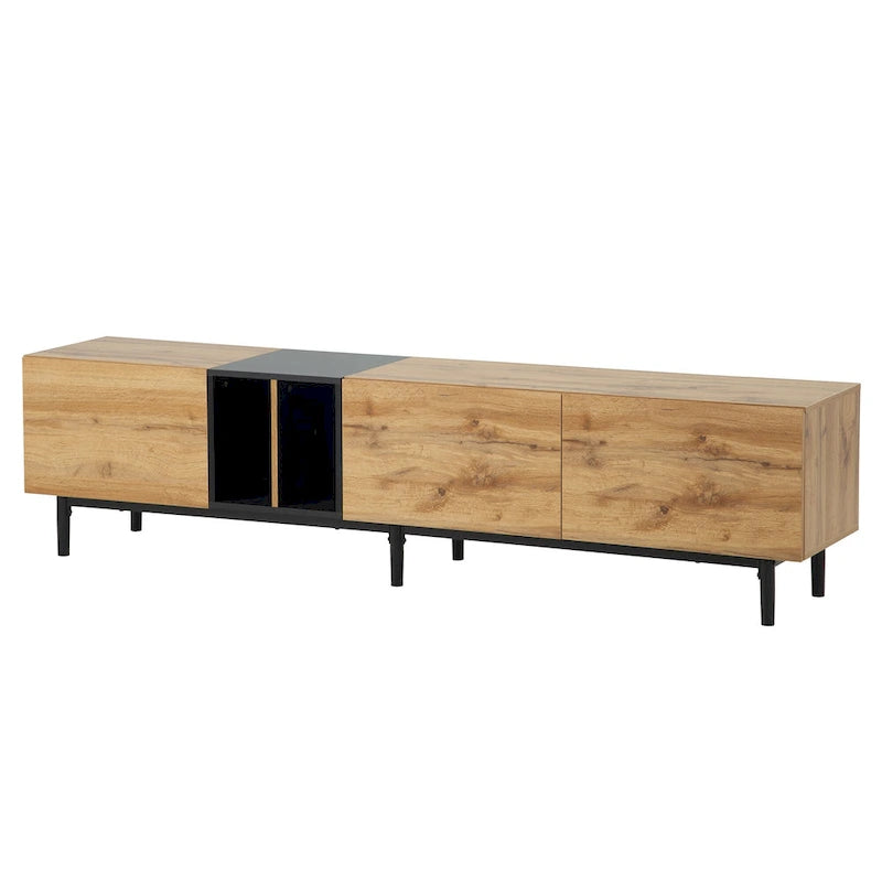 Meuble TV moderne de 76 po avec portes abattantes, blanc/bois naturel, convient aux téléviseurs jusqu'à 80 po