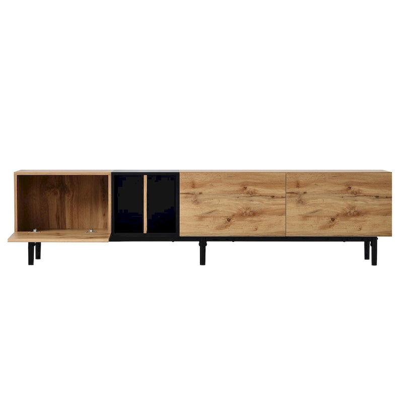 Meuble TV moderne de 76 po avec portes abattantes, blanc/bois naturel, convient aux téléviseurs jusqu'à 80 po