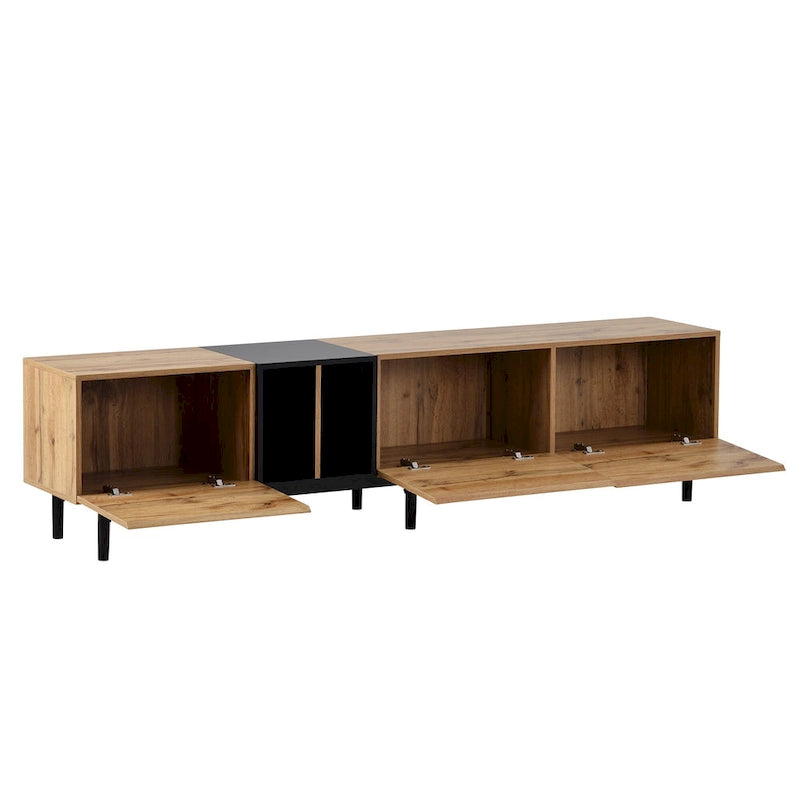 Meuble TV moderne de 76 po avec portes abattantes, blanc/bois naturel, convient aux téléviseurs jusqu'à 80 po