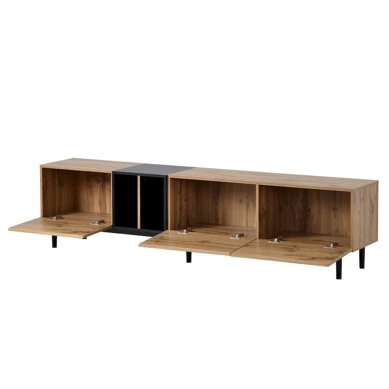 Meuble TV moderne de 76 po avec portes abattantes, blanc/bois naturel, convient aux téléviseurs jusqu'à 80 po