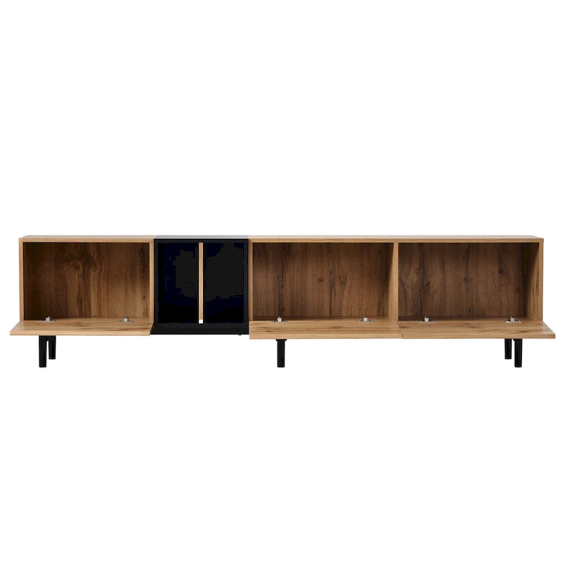 Meuble TV moderne de 76 po avec portes abattantes, blanc/bois naturel, convient aux téléviseurs jusqu'à 80 po