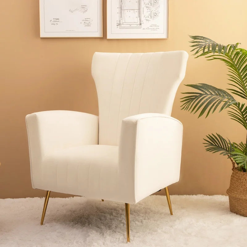 Fauteuil d'appoint dossier haut en velours blanc avec pieds dorés, assise individuelle