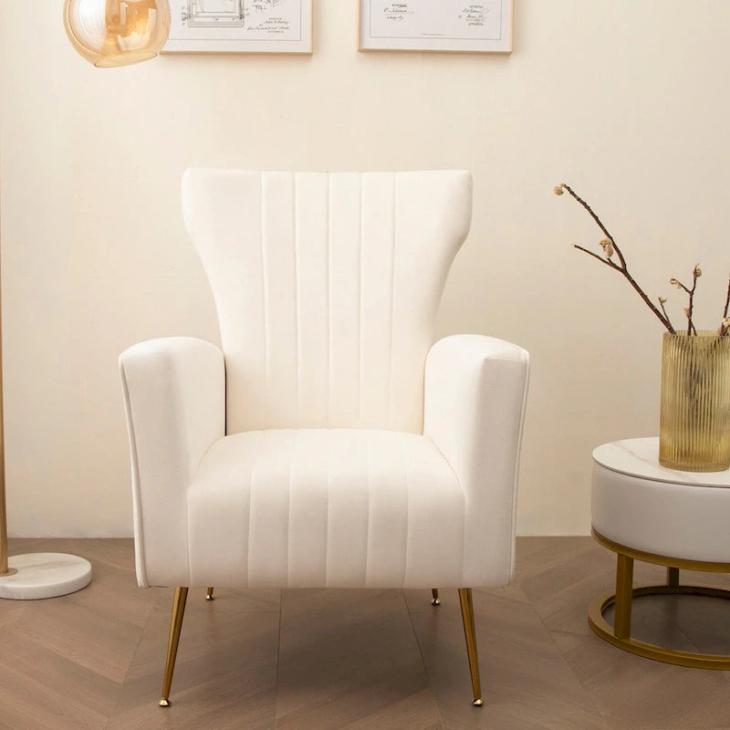 Fauteuil d'appoint dossier haut en velours blanc avec pieds dorés, assise individuelle