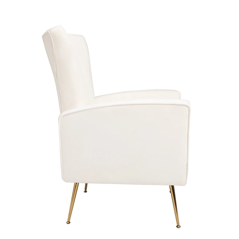 Fauteuil d'appoint dossier haut en velours blanc avec pieds dorés, assise individuelle