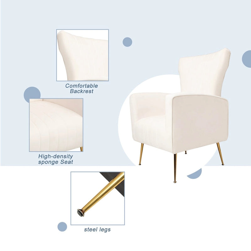 Fauteuil d'appoint dossier haut en velours blanc avec pieds dorés, assise individuelle