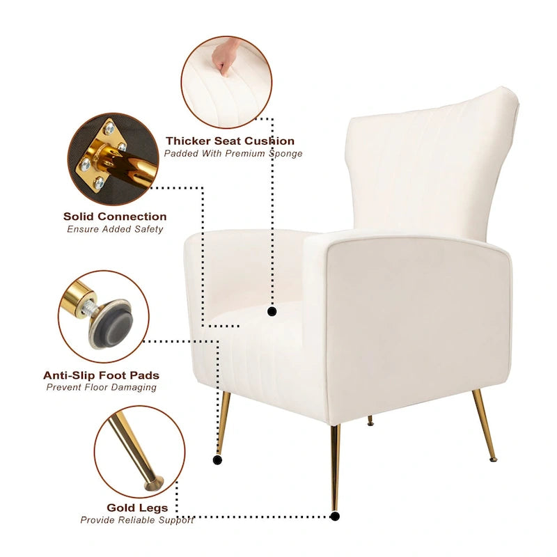 Fauteuil d'appoint dossier haut en velours blanc avec pieds dorés, assise individuelle