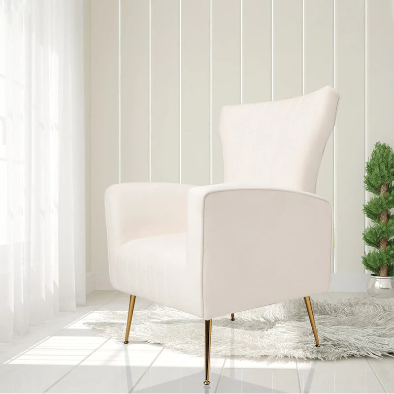 Fauteuil d'appoint dossier haut en velours blanc avec pieds dorés, assise individuelle
