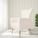 Fauteuil d'appoint dossier haut en velours blanc avec pieds dorés, assise individuelle