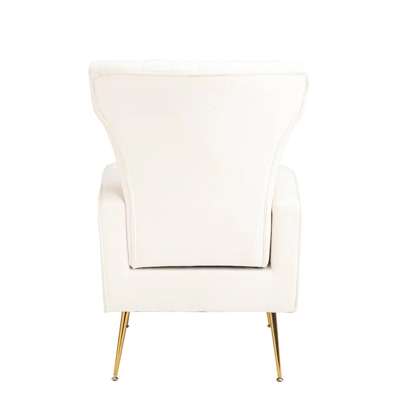 Fauteuil d'appoint dossier haut en velours blanc avec pieds dorés, assise individuelle