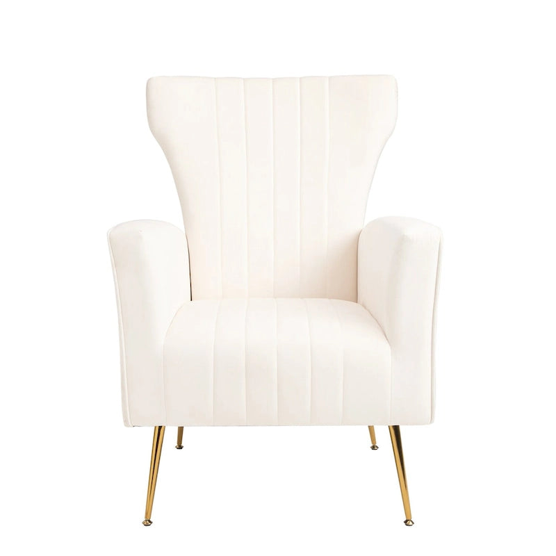Fauteuil d'appoint dossier haut en velours blanc avec pieds dorés, assise individuelle