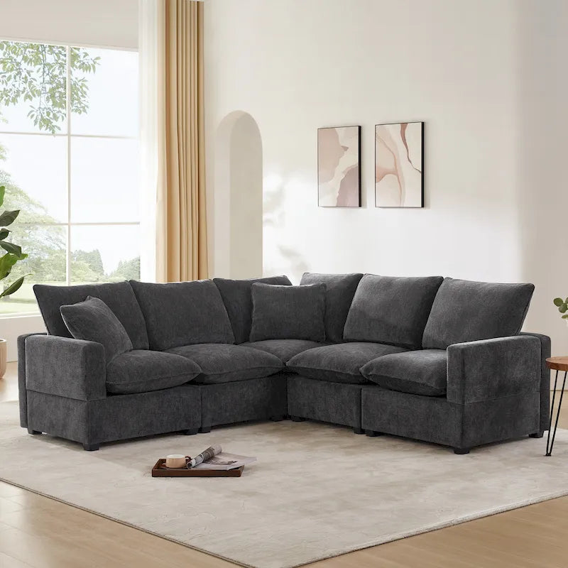 Canapé d'angle modulaire en chenille noir et gris, 5 places
