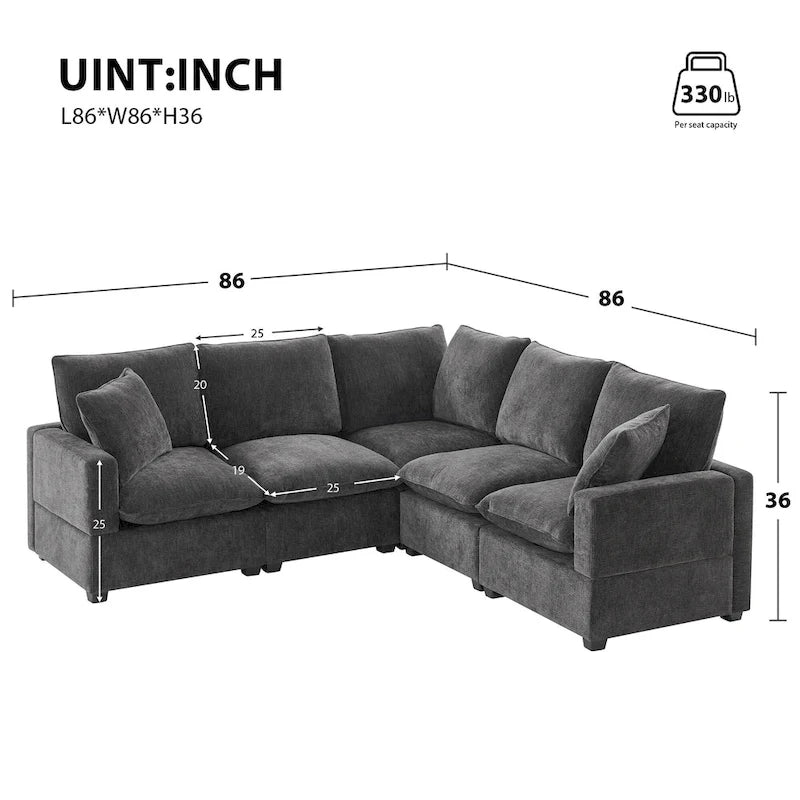 Canapé d'angle modulaire en chenille noir et gris, 5 places