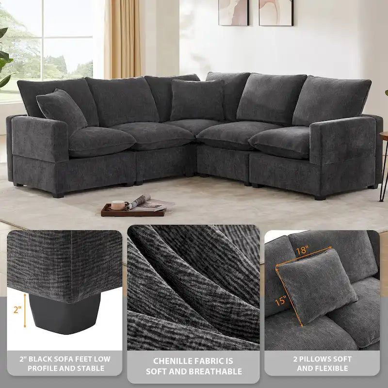 Canapé d'angle modulaire en chenille noir et gris, 5 places