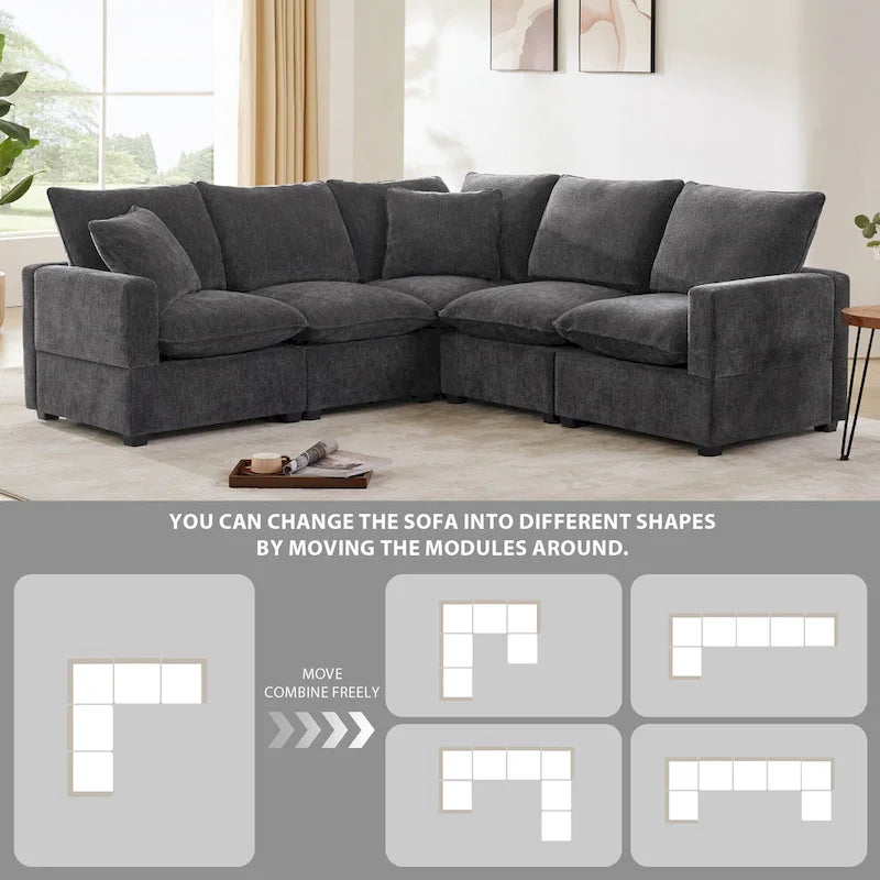Canapé d'angle modulaire en chenille noir et gris, 5 places
