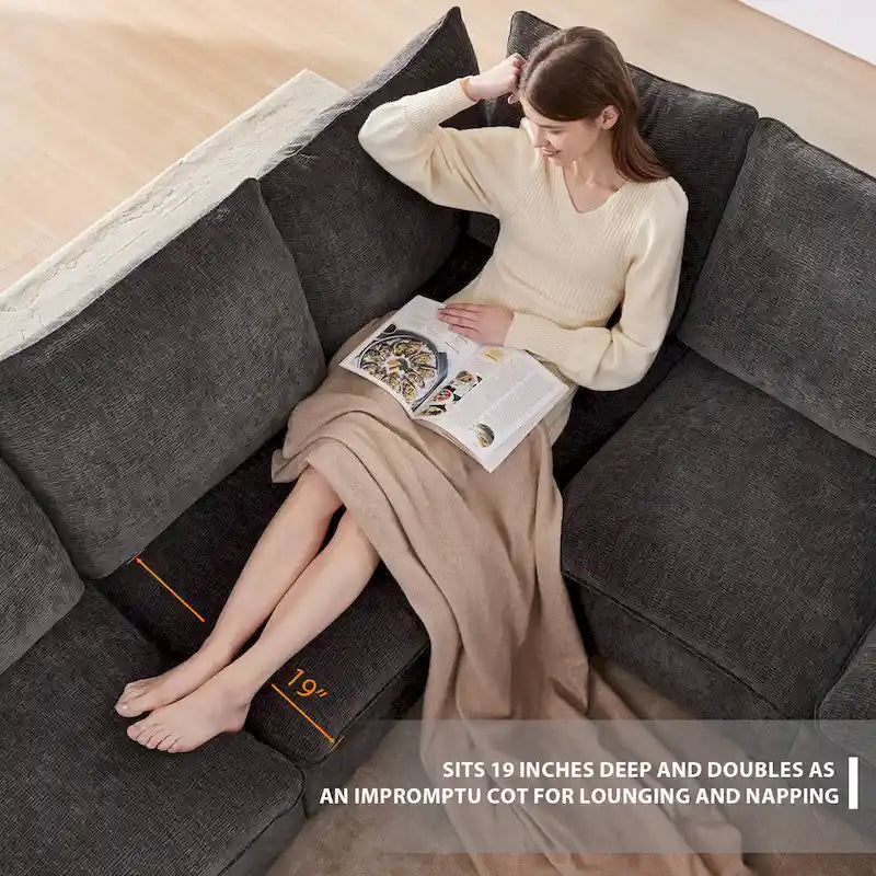 Canapé d'angle modulaire en chenille noir et gris, 5 places