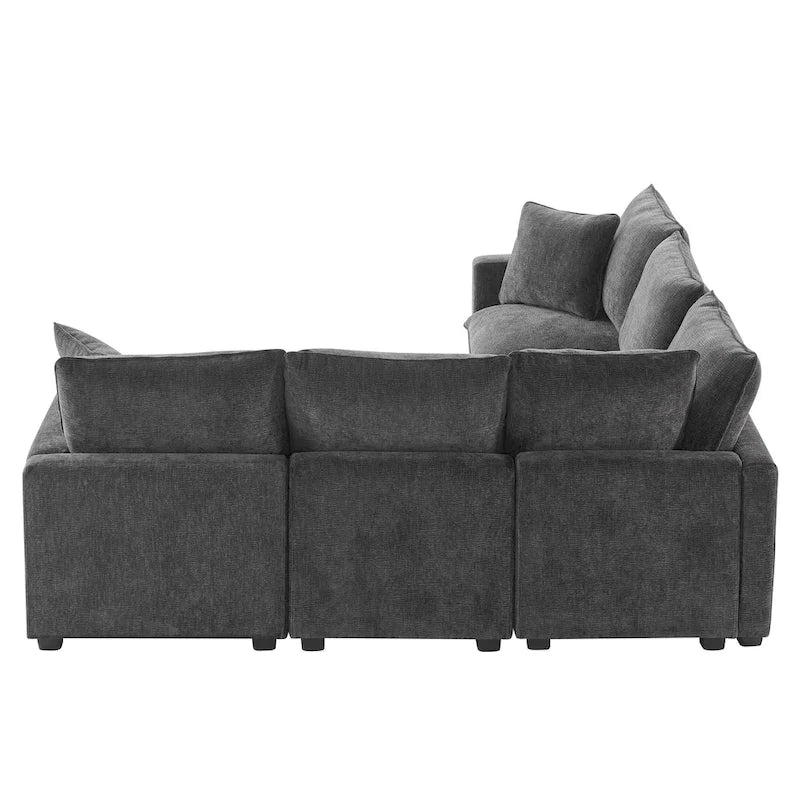 Canapé d'angle modulaire en chenille noir et gris, 5 places