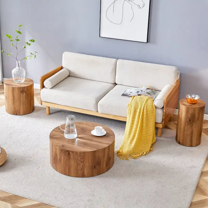 Ensemble de 3 tables basses gigognes cylindriques blanches/bois pour salon