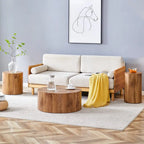 Ensemble de 3 tables basses gigognes cylindriques blanches/bois pour salon