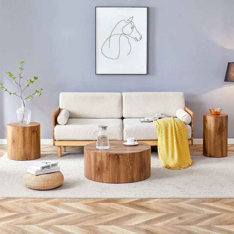 Ensemble de 3 tables basses gigognes cylindriques blanches/bois pour salon