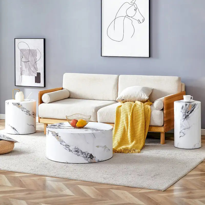 Ensemble de 3 tables basses gigognes cylindriques blanches/bois pour salon
