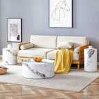 Ensemble de 3 tables basses gigognes cylindriques blanches/bois pour salon
