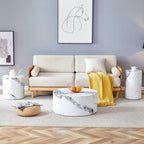 Ensemble de 3 tables basses gigognes cylindriques blanches/bois pour salon