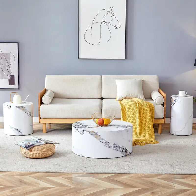Ensemble de 3 tables basses gigognes cylindriques blanches/bois pour salon