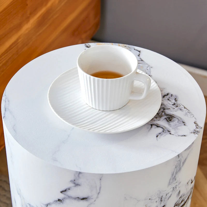 Ensemble de 3 tables basses gigognes cylindriques blanches/bois pour salon