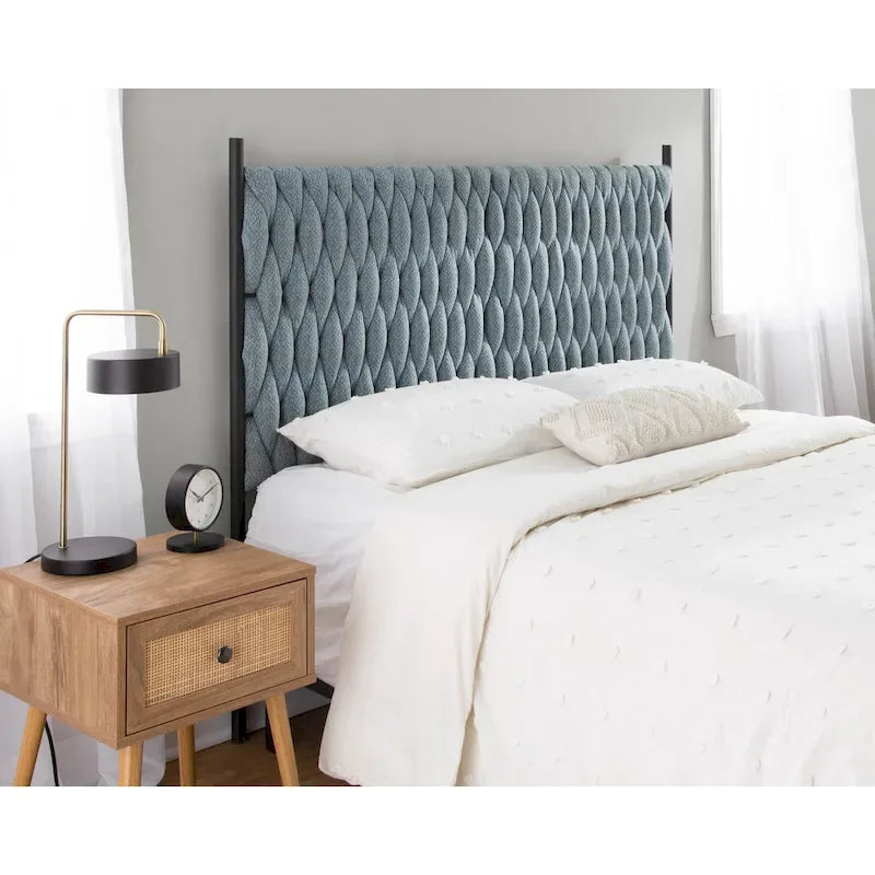 Tête de lit tressée pour grand lit en tissu gris/bleu/crème et sherpa crème, convient pour 1 ou 2 personnes