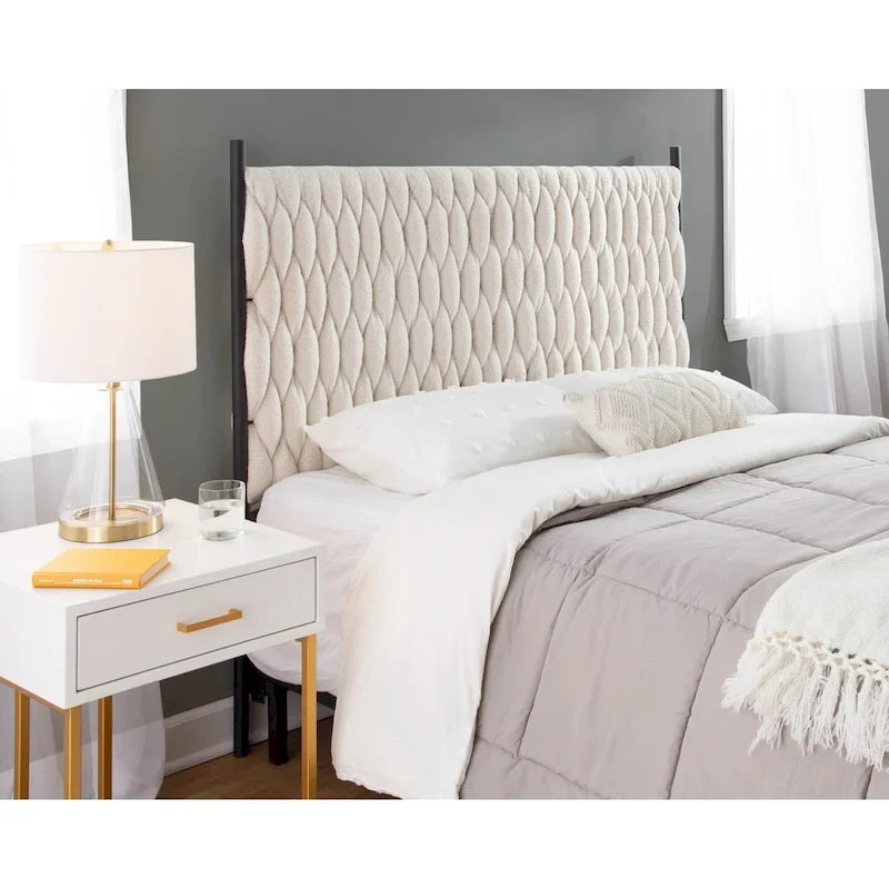 Tête de lit tressée pour grand lit en tissu gris/bleu/crème et sherpa crème, convient pour 1 ou 2 personnes