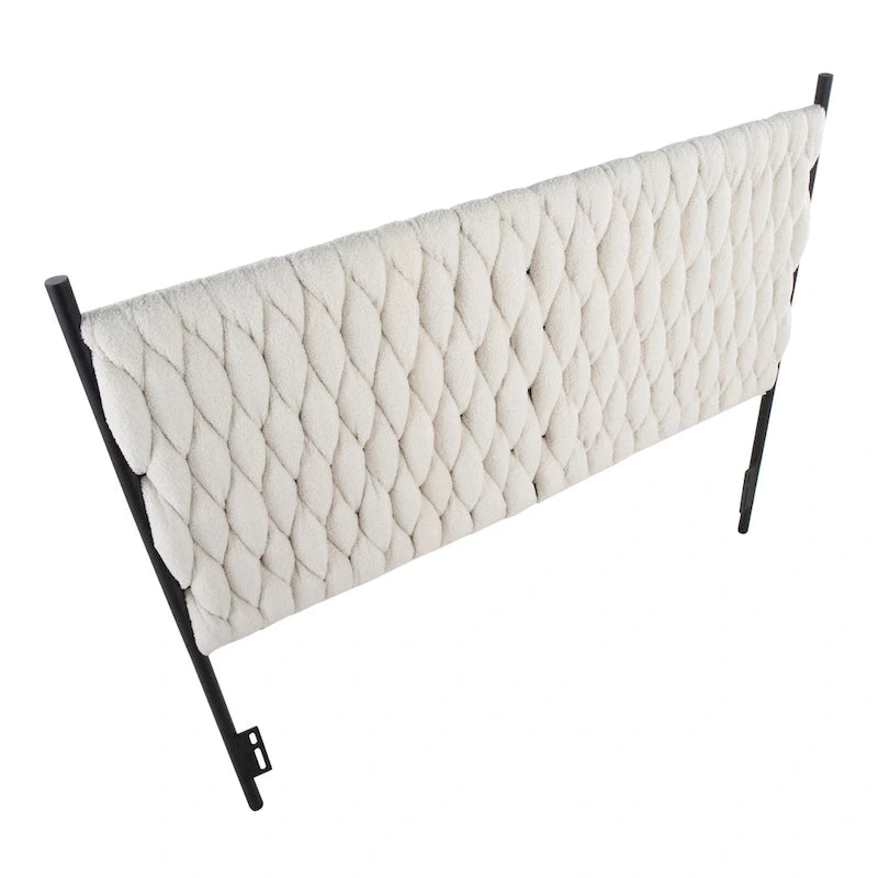 Tête de lit tressée pour grand lit en tissu gris/bleu/crème et sherpa crème, convient pour 1 ou 2 personnes