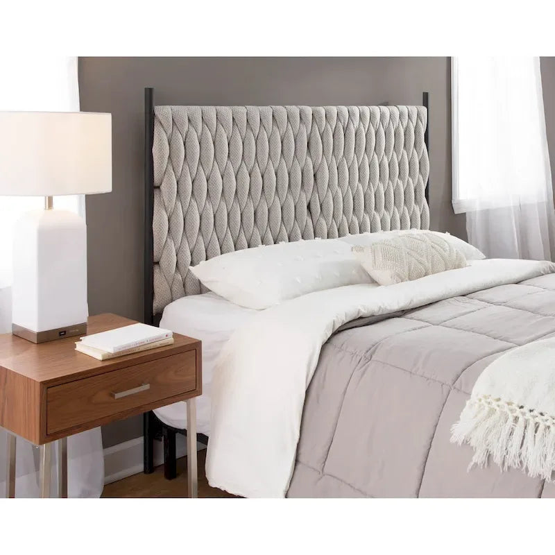 Tête de lit tressée pour grand lit en tissu gris/bleu/crème et sherpa crème, convient pour 1 ou 2 personnes