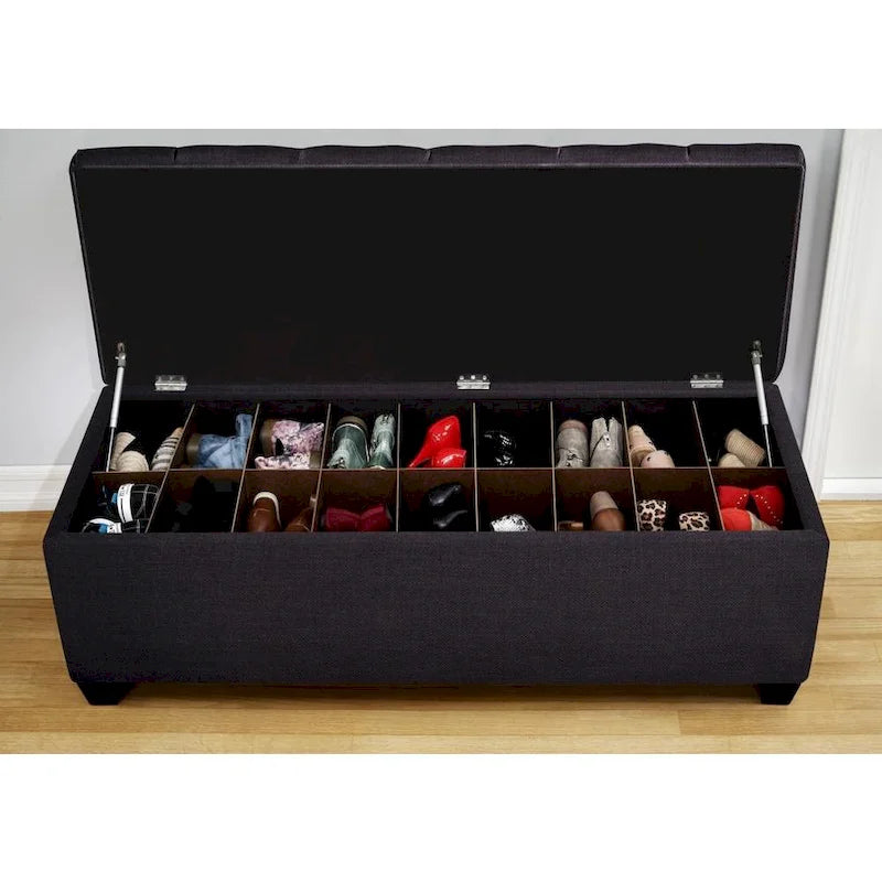 Banc de rangement gris capitonné pour chaussures, 2 places