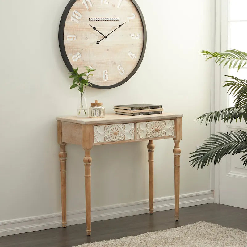 Console de porte d'entrée 2 tiroirs sculptée florale marron | Bois | 1 personne