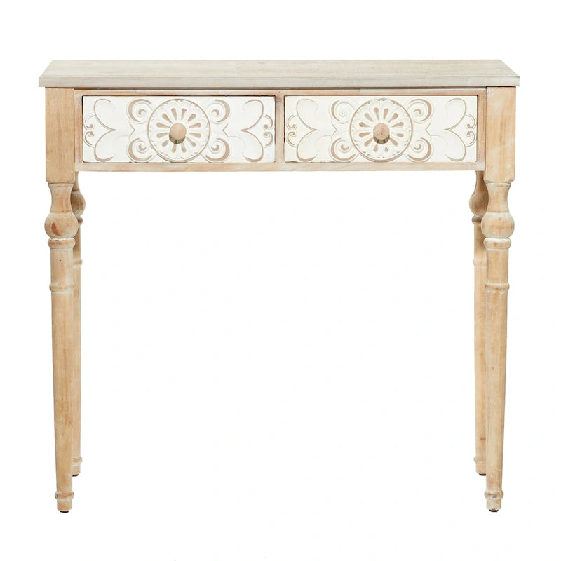Console de porte d'entrée 2 tiroirs sculptée florale marron | Bois | 1 personne