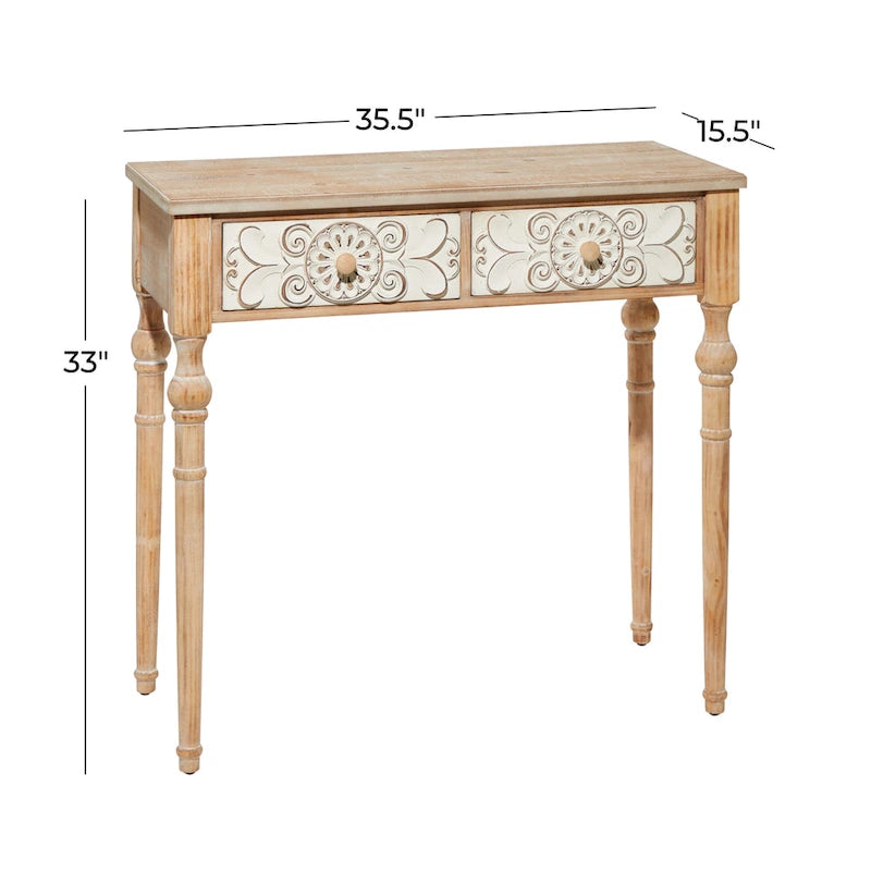 Console de porte d'entrée 2 tiroirs sculptée florale marron | Bois | 1 personne