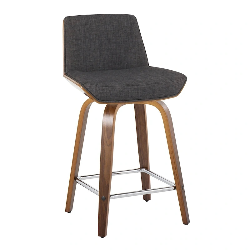 Tabouret de comptoir à hauteur fixe, siège en tissu / pieds en bois de noyer, lot de 2