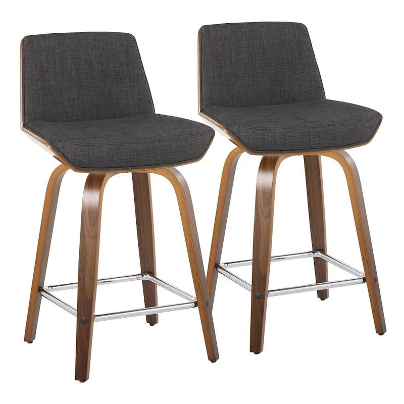 Tabouret de comptoir à hauteur fixe, siège en tissu / pieds en bois de noyer, lot de 2