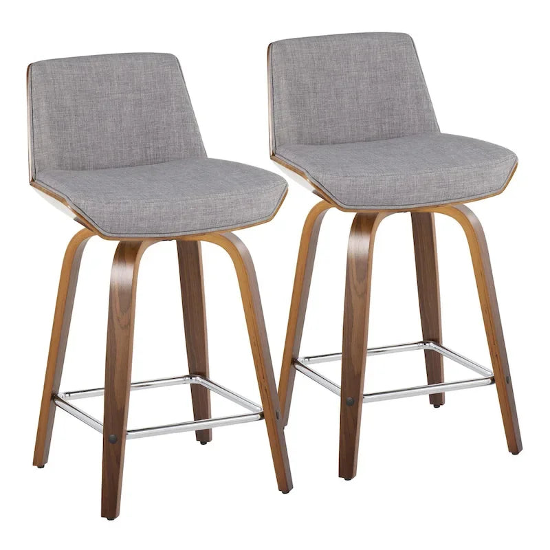 Tabouret de comptoir à hauteur fixe, siège en tissu / pieds en bois de noyer, lot de 2