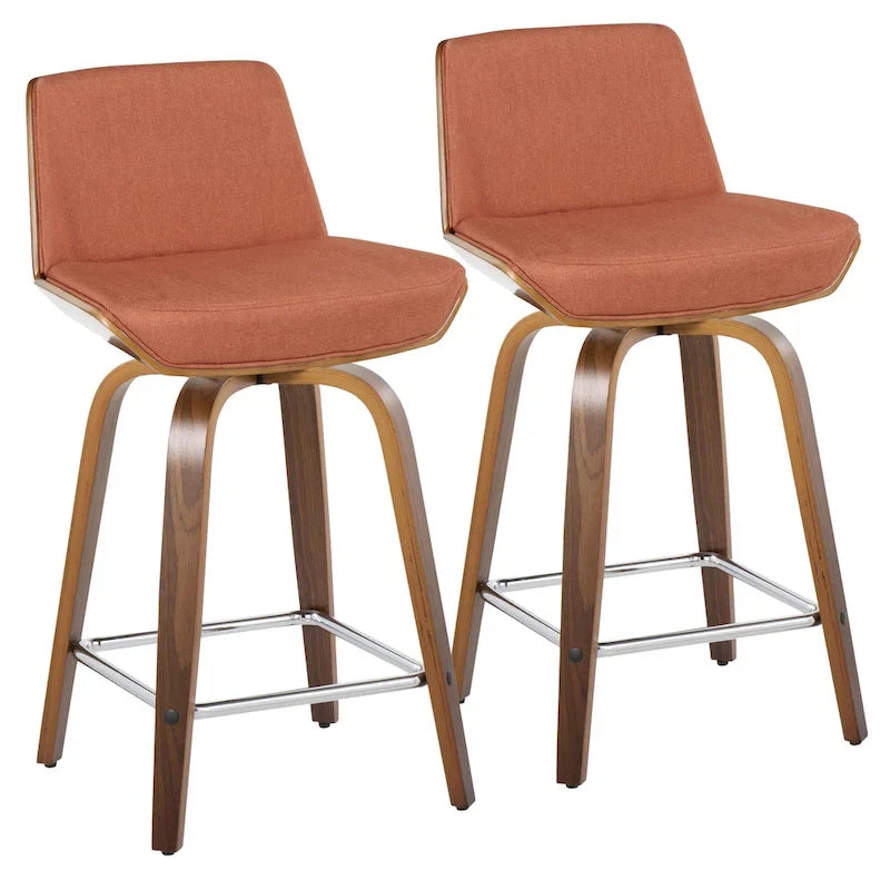 Tabouret de comptoir à hauteur fixe, siège en tissu / pieds en bois de noyer, lot de 2