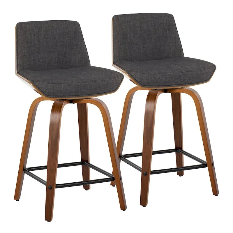 Tabouret de comptoir à hauteur fixe, siège en tissu / pieds en bois de noyer, lot de 2