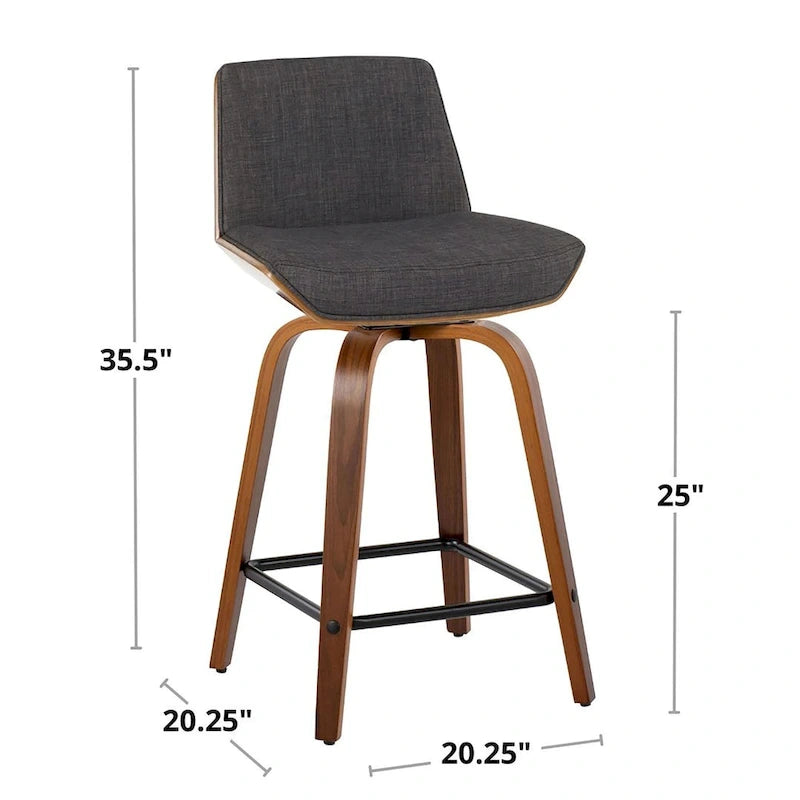 Tabouret de comptoir à hauteur fixe, siège en tissu / pieds en bois de noyer, lot de 2
