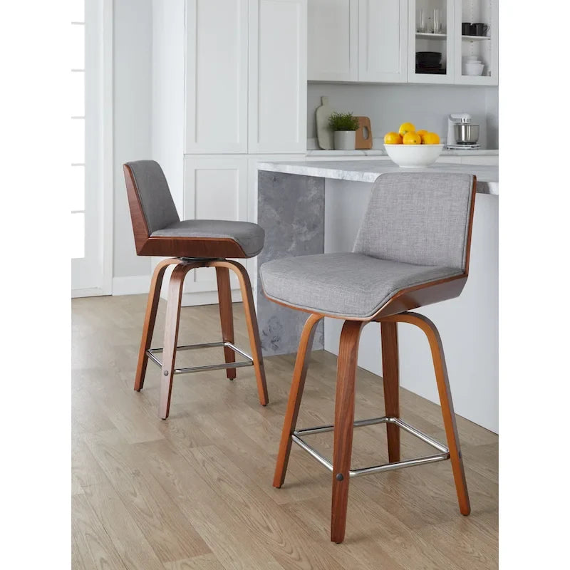 Tabouret de comptoir à hauteur fixe, siège en tissu / pieds en bois de noyer, lot de 2