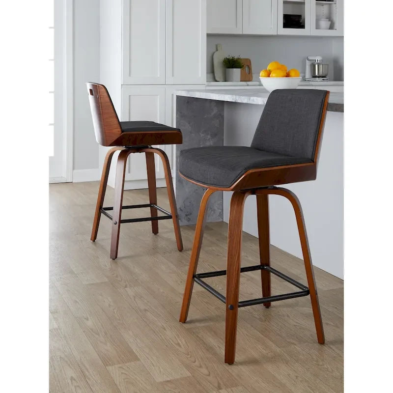 Tabouret de comptoir à hauteur fixe, siège en tissu / pieds en bois de noyer, lot de 2