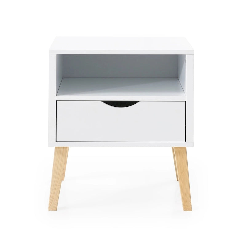 Table de chevet blanche Mid-Century Modern avec tiroir – 1 personne