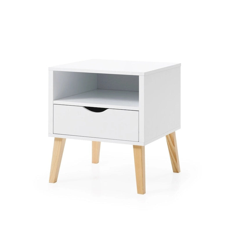 Table de chevet blanche Mid-Century Modern avec tiroir – 1 personne