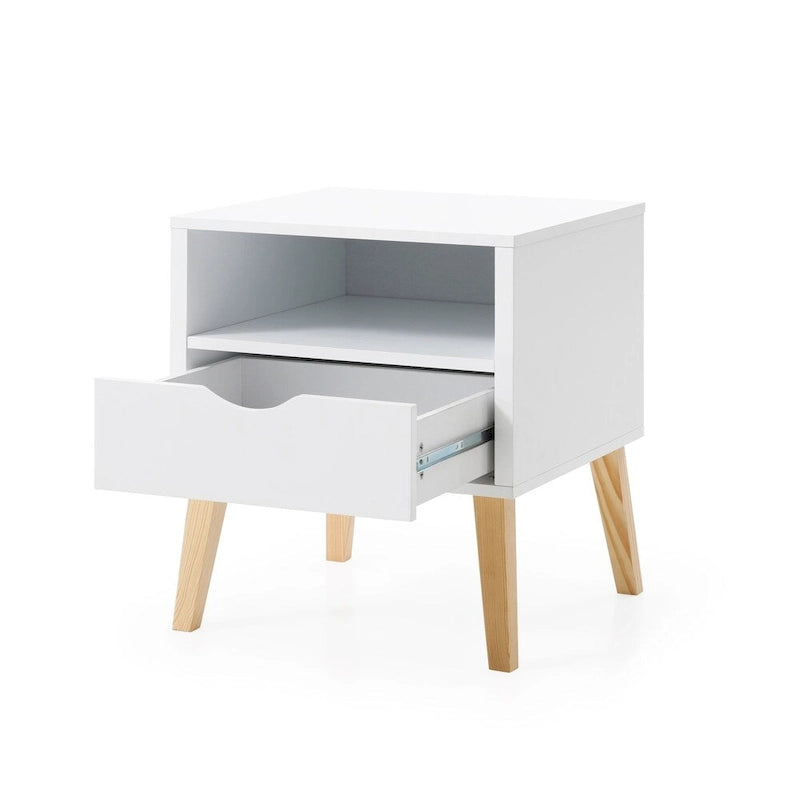 Table de chevet blanche Mid-Century Modern avec tiroir – 1 personne