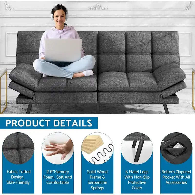 Canapé convertible futon gris/noir, 2 places